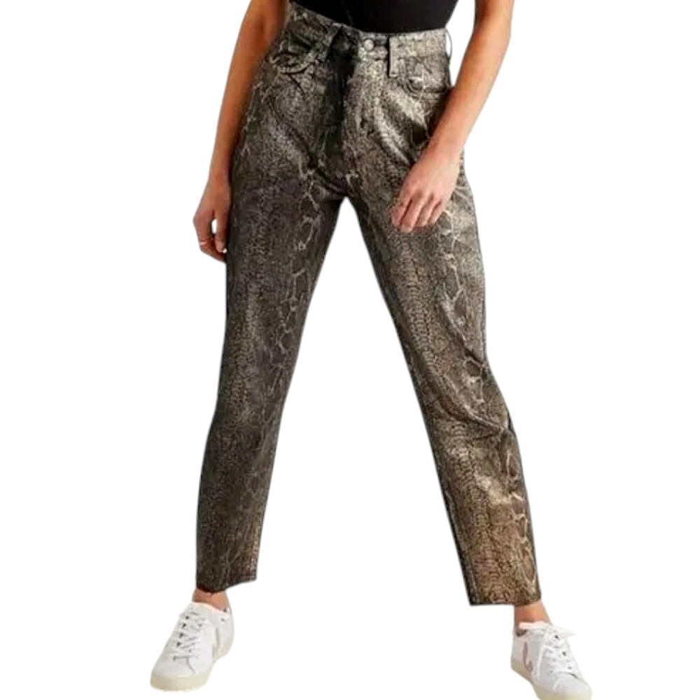 WE THE FREE CRVY Jeans Cropped Metallic Snakeskin Coated Black Gold NWOT…